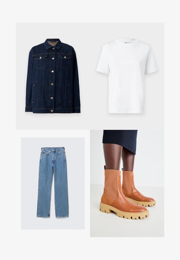Donkerblauwe denimjas met kraag, voor sluiting met knopen, twee borstzakken, zijzakken en contrasterende stikseldetails.; Witte katoenen T-shirt met ronde hals, korte mouwen en een gladde textuur. Ontworpen met een comfortabele en veelzijdige relaxte pasvorm.; Blauwe denim jeans met hoge taille en rechte pijpen, voorzien van knoopsluiting aan de voorkant, rits, riemlussen en een ontwerp met vijf zakken op een effen lichte achtergrond.; Bruine leren enkellaarsjes met ribbelige elastische panelen, chunky beige zool en lusdetail; eigentijds ontwerp met een textuurafwerking.