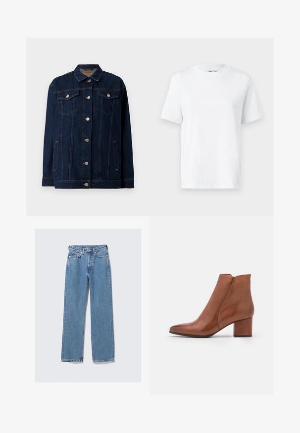 Donkerblauwe denimjas met kraag, voor sluiting met knopen, twee borstzakken, zijzakken en contrasterende stikseldetails.; Witte katoenen T-shirt met ronde hals, korte mouwen en een gladde textuur. Ontworpen met een comfortabele en veelzijdige relaxte pasvorm.; Blauwe denim jeans met hoge taille en rechte pijpen, voorzien van knoopsluiting aan de voorkant, rits, riemlussen en een ontwerp met vijf zakken op een effen lichte achtergrond.; Bruine leren enkelboots met een spitse neus, middelhoge blokhak en minimale naaddetails. Glad textuur met een gepolijste afwerking.