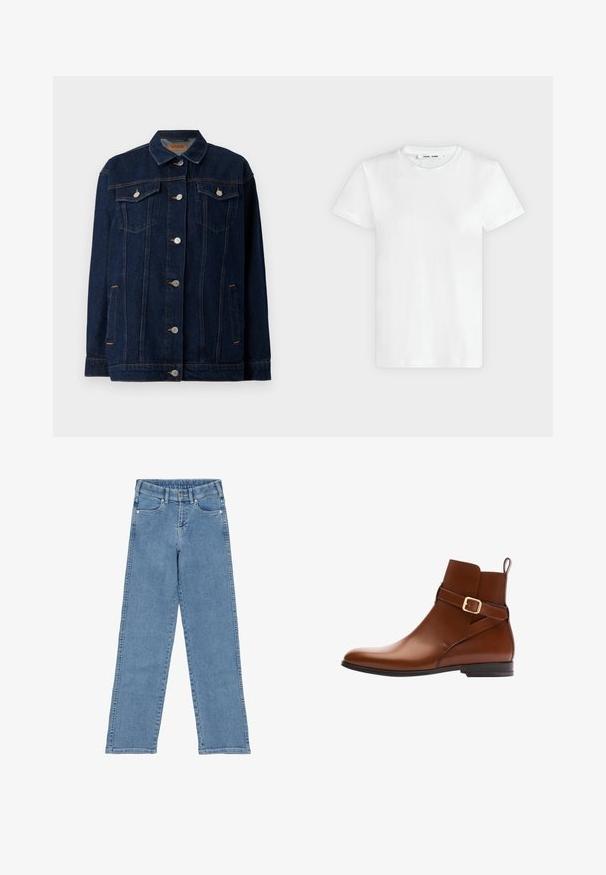 Donkerblauwe denimjas met kraag, voor sluiting met knopen, twee borstzakken, zijzakken en contrasterende stikseldetails.; Effen witte T-shirt met korte mouwen en ronde hals, plat liggend op een lichtgrijze achtergrond, met voorzijde en label aan de binnenkant van de halslijn zichtbaar.; Lichtblauwe denim jeans met een hoge taille, rechte pijpen en voorzakken. Voorzien van een knoopsluiting en zilverkleurige hardware.; Bruine leren enkellaars met een zijflapgesp, gestroomlijnde vorm, gladde textuur en een lage gestapelde hak.