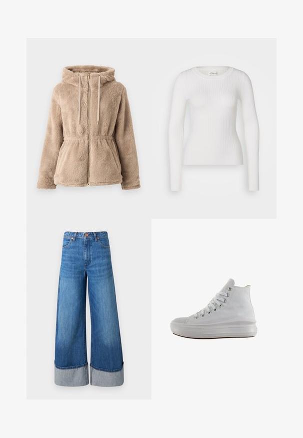 Veste à capuche en fausse fourrure beige avec fermeture éclair, cordon de serrage, taille élastique et deux poches avant. Texture douce et design décontracté.; Haut à manches longues blanc en tissu côtelé avec un col rond. Le tissu est lisse, avec une texture subtile et une coupe ajustée. Pas de matériel ou de motifs visibles.; Jeans en denim à jambes larges de couleur bleu moyen. Présentent une taille haute, des ourlets retroussés en denim plus clair, et un design classique à cinq poches avec des accents en métal.; Baskets montantes en toile blanche avec lacets blancs, œillets métalliques, semelle épaisse en caoutchouc et bout texturé, orientées vers la gauche sur fond blanc.