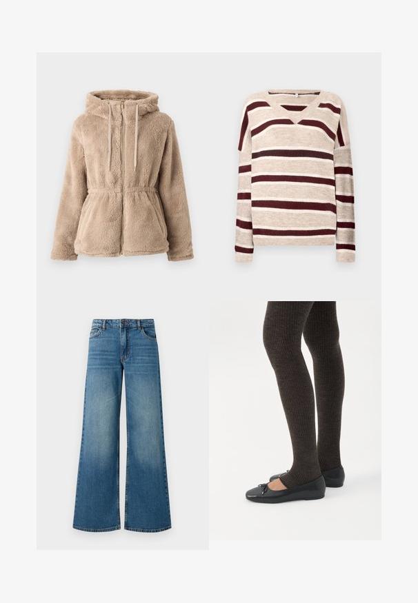 Veste à capuche en fausse fourrure beige avec fermeture éclair, cordon de serrage, taille élastique et deux poches avant. Texture douce et design décontracté.; Pull en V beige avec des rayures rouge foncé et crème. Doté de manches longues et d'un ourlet côtelé. Texture douce et coupe décontractée.; Jeans en denim bleu à jambe large avec une finition délavée, design à cinq poches et taille standard avec un bouton en métal et une fermeture éclair.; Jambes portant des leggings côtelés foncés associés à des ballerines noires avec de petits détails en nœud sur fond blanc.