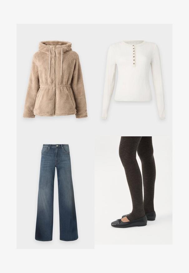Veste à capuche en fausse fourrure beige avec fermeture éclair, cordon de serrage, taille élastique et deux poches avant. Texture douce et design décontracté.; Pull créme à manches longues avec texture côtelée, doté d'un col rond et de sept boutons décoratifs sur le devant.; Jeans en denim à jambes larges de couleur bleu foncé, avec une finition déchirée, fermeture à bouton et style à cinq poches. Texture lisse, détails de couture minimalistes.; Jambes portant des leggings côtelés foncés associés à des ballerines noires avec de petits détails en nœud sur fond blanc.