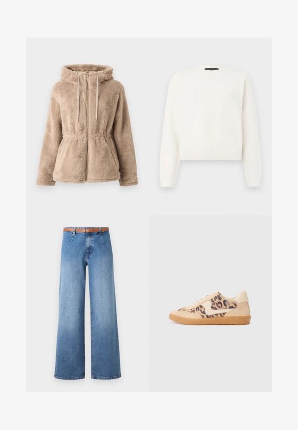 Veste à capuche en fausse fourrure beige avec fermeture éclair, cordon de serrage, taille élastique et deux poches avant. Texture douce et design décontracté.; Pull blanc cropped en tissu doux avec un col rond, présentant des coutures d'épaule tombantes et un détail de couture verticale sur le devant.; Jeans en denim bleu à jambes larges avec un délavage léger, dotés d'une ceinture marron, de poches avant et d'un design classique à cinq poches.; Baskets en imprimé léopard avec tige en suède beige, semelle en caoutchouc tan et accents blancs. Bout rond et design à lacets avec une finition texturée.