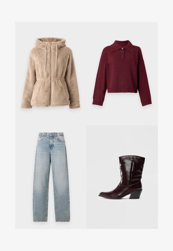 Veste à capuche en fausse fourrure beige avec fermeture éclair, cordon de serrage, taille élastique et deux poches avant. Texture douce et design décontracté.; Pull beige avec col, patte de boutonnage à trois boutons et bords côtes. Texture douce avec une coupe décontractée.; Jeans en denim bleu clair avec une coupe ample, taille haute, cinq poches et un léger délavage. Présente des accents de bouton en métal et de coutures.; Bottines en cuir bourgogne avec un bout pointu, une surface texturée et un petit talon effilé. Présente une couture discrète et un ajustement confortable.