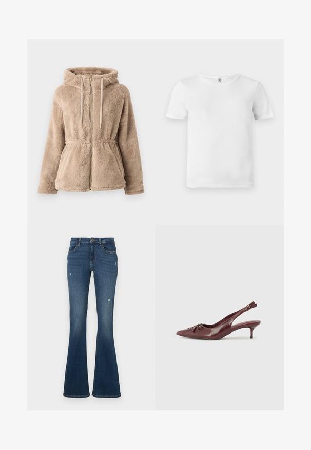 Veste à capuche en fausse fourrure beige avec fermeture éclair, cordon de serrage, taille élastique et deux poches avant. Texture douce et design décontracté.; T-shirt blanc à manches courtes avec une texture côtelée. Encolure classique, sans logos ni motifs visibles, et un design simple et épuré.; Jean en denim évasé bleu foncé avec des patches usés. Comprend cinq poches et une fermeture éclair. Tissu de poids moyen avec une texture lisse.; Talons slingback en cuir bordeaux avec un embout pointu, une sangle ajustable et un détail de nœud décoratif à l'avant. Hauteur du talon de 7,5 cm.
