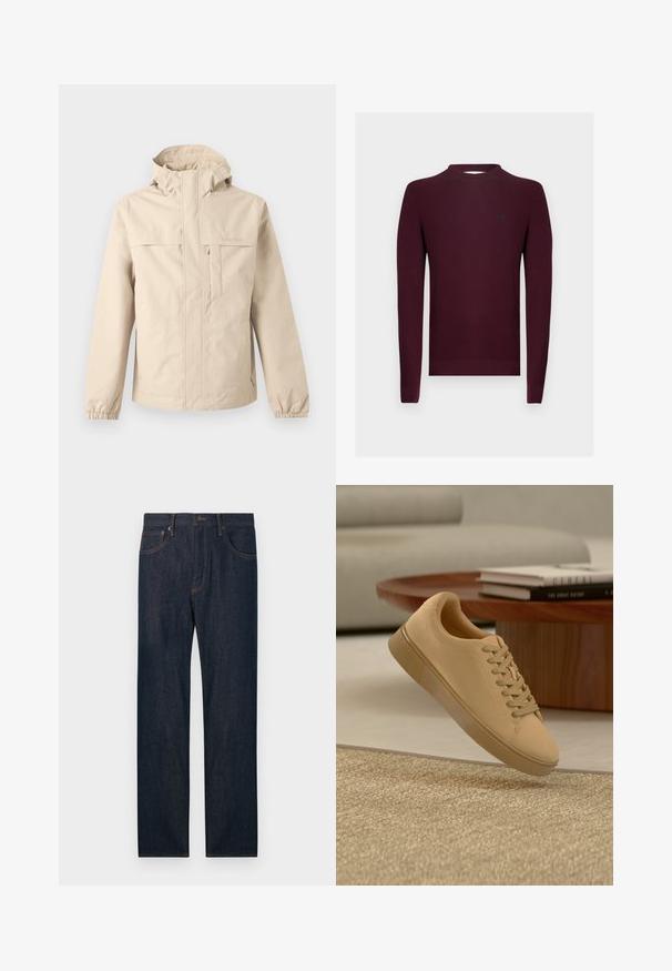 Veste à capuche beige avec fermeture éclair devant, rabat de poche poitrine, poignets élastiques et logo Timberland discret sur la poitrine et la manche.; Pull en tricot bordeaux à manches longues, texture côtelée, et encolure ronde. Petit logo sur la poitrine gauche.; Jean en denim bleu foncé à jambes droites avec poches avant et arrière, un bouton et des passants pour ceinture.; Baskets beiges à lacets flottant au-dessus d'un tapis texturé avec une table basse en bois et des livres empilés en arrière-plan flou.