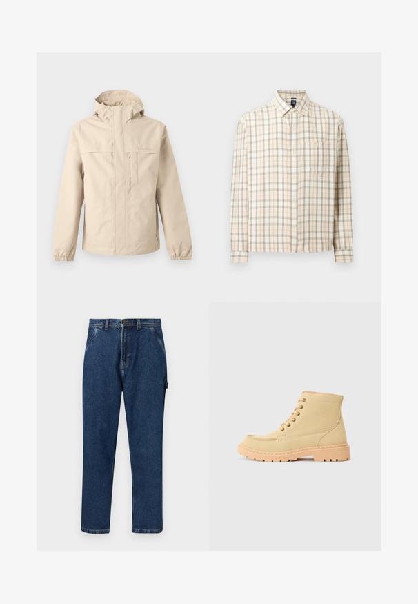 Veste à capuche beige avec fermeture éclair devant, rabat de poche poitrine, poignets élastiques et logo Timberland discret sur la poitrine et la manche.; Chemise à manches longues en plaid beige avec fermeture à boutons sur le devant, une poche poitrine unique et un col classique, présentée sur un fond uni.; Jean en denim bleu foncé à jambes droites avec poches avant, passants pour ceinture, fermeture par bouton et un détail en boucle sur le côté droit.; Bottines en daim beige avec une semelle en caoutchouc beige, présentant un design à lacets et des coutures visibles le long des bords.