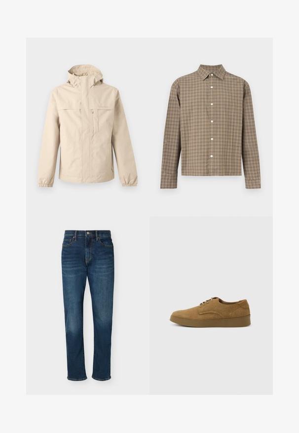 Veste à capuche beige avec fermeture éclair devant, rabat de poche poitrine, poignets élastiques et logo Timberland discret sur la poitrine et la manche.; Chemise à manches longues à boutons avec motif à carreaux marron et beige, col classique et boutons blancs sur le devant.; Jean droit bleu foncé avec poches avant, passants de ceinture, fermeture par bouton et fermeture éclair, présenté sur un fond uni.; Chaussure décontractée à lacets en daim marron avec semelle en caoutchouc plate, vue de côté sur un fond clair uni.