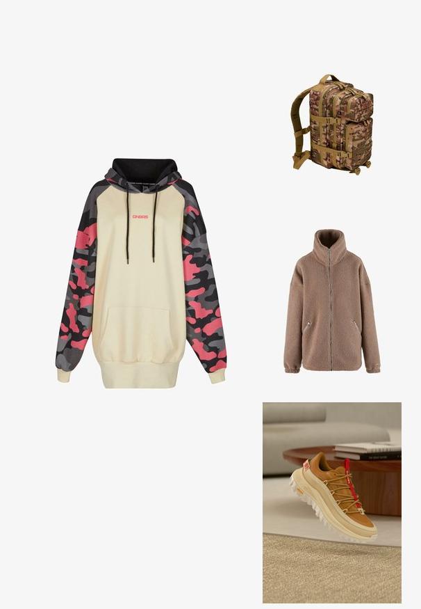 aim’n® Fleecejakke - dark clay; Hættetrøje i beige med sorte snore, der har ærmer i camouflage mønster i grå og pink samt en frontkangaroo lomme.; Brun og beige vandresko med rød tunge trækkesnor, tyk hvid sål og snørebånd i rebstil, svævende over et vævet beige tæppe indendørs.; Camouflage-rygsæk med tekstureret stof, flere rum med lynlåse, tan-farvede remme og hardware-detaljer. Justerbare polstrede skulderremme.