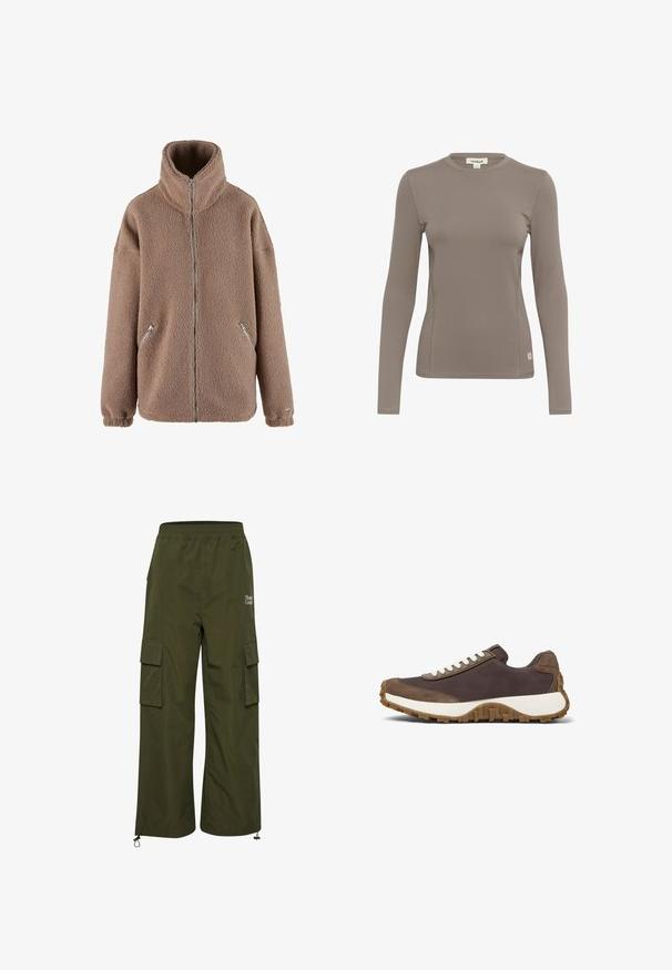 aim’n® Fleecejakke - dark clay; Langærmet top i lys brun, lavet af strækbart stof. Har en rund halsudskæring og flade sømme, med et lille logo-tag nederst til venstre.; TheJoggConcept JCFIA - Cargobukser - rifle green; Brun sneakers med hvide snørebånd, med en tekstureret overdel og en robust gummisål, vist på en hvid baggrund.