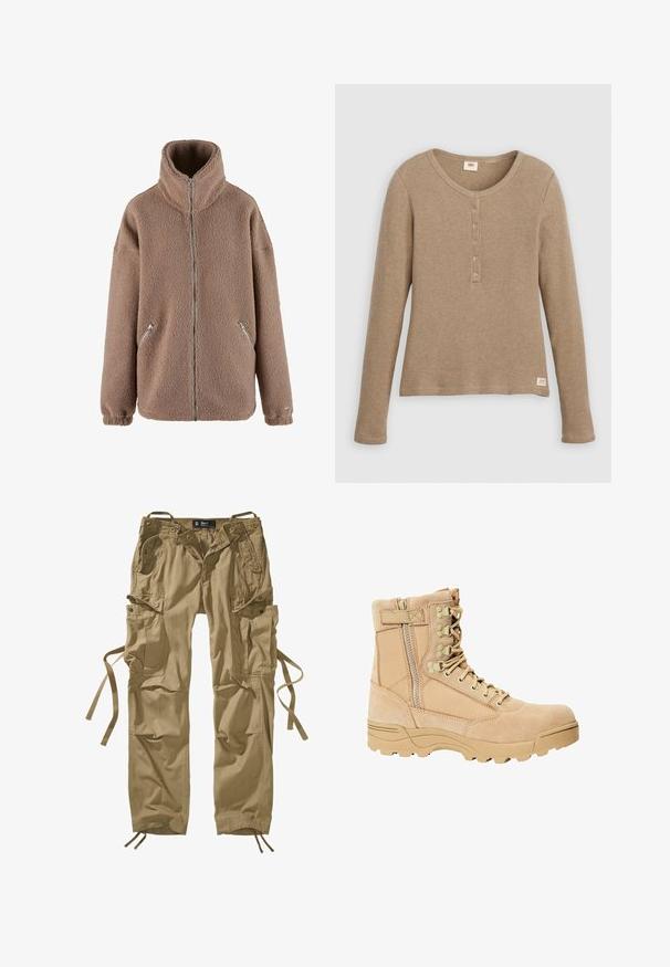 aim’n® Fleecejakke - dark clay; Beige henley-shirt i vaffelstrik med lange ærmer, rund halsudskæring og fem-knaps lukning, vist fladt mod hvid baggrund.; Khaki cargo bukser lavet af bomuld med flere sidelommer, snore ved anklerne og knaptryk. Rette linjer og slidstærkt stof.; Tan taktiske støvler med en overdel i ruskind og stof, snøre- og lynlåslukning, struktureret sål og forstærket tå for holdbarhed.