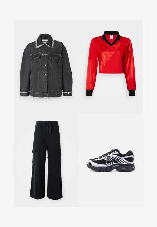 Schwarze Jeansjacke mit ausgefranstem Kragen und Saum, zwei Fronttaschen, Knopfverschluss und lockerer Passform. Wrangler-Label innen sichtbar.; Rotes, kurzes Sporttop mit schwarzem Kragen und langen Ärmeln, das ein strukturiertes Muster und das Nike-Logo am Ärmel zeigt. Glattes und glänzendes Material.; Schwarze, weit geschnittene Cargo-Hosen aus Baumwolle mit einem Bindegürtel, ausgestattet mit zwei Seitentaschen und einer glatten Stoffstruktur.; Schwarzer und silberner Nike-Laufschuh mit Mesh-Obermaterial, Luftpolstersohle und Schnürsenkeln, seitlich auf weißem Hintergrund dargestellt.