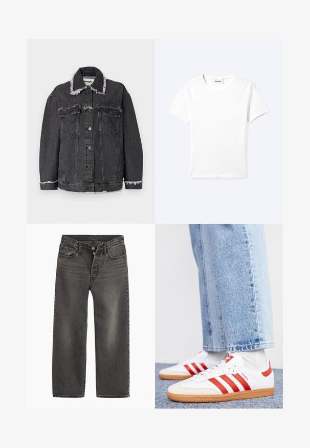 Schwarze Jeansjacke mit ausgefranstem Kragen und Saum, zwei Fronttaschen, Knopfverschluss und lockerer Passform. Wrangler-Label innen sichtbar.; Einfaches weißes T-Shirt mit kurzen Ärmeln und Rundhalsausschnitt sowie kleinem "WEEKDAY"-Etikett im Nacken, flach auf einem hellen Hintergrund präsentiert.; Schwarze Jeans aus Denim mit geradem Bein, hoher Taille und Knopfleiste. Verfügt über dezentes Ausbleichen und kontrastierende Nähte.; Weiße Leder Sneaker mit roten Streifen und Akzenten. Verfügt über eine strukturierte Gummi-Laufsohle und einen gepolsterten Schaft. Tragen mit hellblauer Jeans.