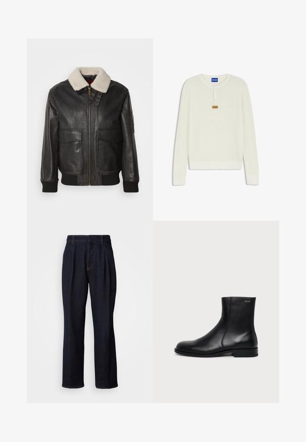 Veste bomber en cuir noir avec un col en shearling blanc. Équipée d'une fermeture éclair dorée, de deux poches avant, de poignets côtelés et d'un design structuré.; Pull en maille couleur crème à manches longues, col rond, patte de boutonnage à trois boutons et petit écusson marron avec le logo Hugo sur la poitrine.; Jean en denim large à jambes bleues foncées avec des plis devant et des coutures orange, présenté sur fond blanc.; Bottine en cuir noir à talon bas, couture latérale et petit logo "HUGO" sur le revers supérieur sur un fond uni.