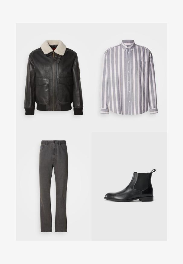 Veste bomber en cuir noir avec un col en shearling blanc. Équipée d'une fermeture éclair dorée, de deux poches avant, de poignets côtelés et d'un design structuré.; Chemise à rayures grise avec des rayures claires. Dispose d'un col, d'une poche avant et de manches longues avec des poignets à boutons.; Jeans en denim gris avec une coupe droite, dotés de poches avant, d'une fermeture à bouton et d'une texture subtile.; Bottine en cuir noir avec des panneaux latéraux élastiques, bout rond et tirette. Texture lisse, semelle plate, design minimaliste.