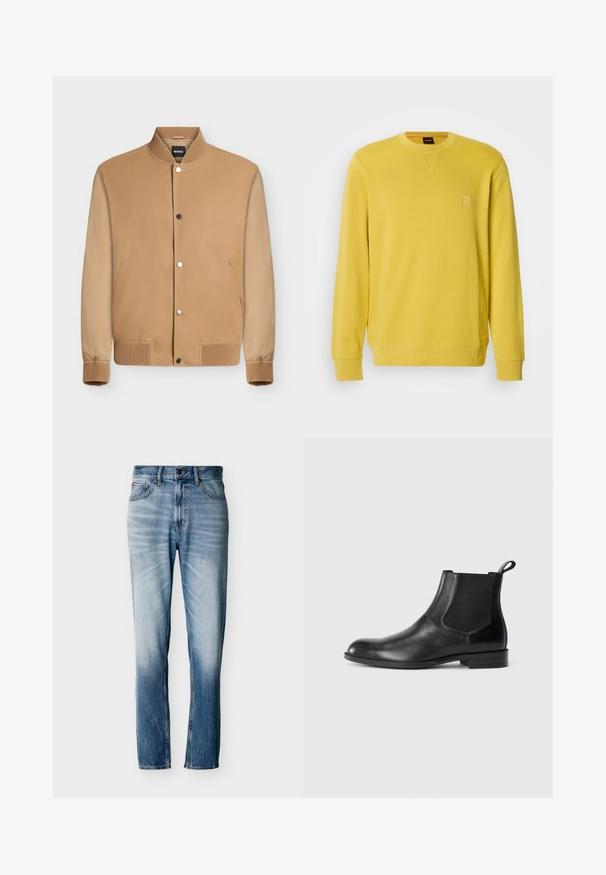 Veste bomber marron clair avec boutons-pression, col, poignets et ourlet côtelés, et poches latérales. Étiquette de marque "BOSS" à l'intérieur du col.; Sweat-shirt jaune à col rond avec manches longues, en tissu doux, avec un petit écusson brodé sur la poitrine.; Jean bleu délavé à coupe droite avec cinq poches, fermeture par bouton et passants pour ceinture, présenté à plat sur fond blanc.; Bottine en cuir noir avec des panneaux latéraux élastiques, bout rond et tirette. Texture lisse, semelle plate, design minimaliste.