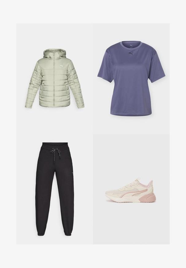 Lichtgroene gewatteerde jas met een capuchon, voorrits en wit logo. Voorzien van horizontale stiksels en twee zijzakken. Soepele textuur.; Paars Puma sport T-shirt met korte mouwen, ronde hals en klein zwart Puma-logo middenvoor.; Zwarte joggingsbroek van zacht, rekbaar materiaal, met een trekkoord in de taille, zijzakken en taps toelopende boorden bij de enkels.; Lichte sneakers met een beige en lichtroze ontwerp, een bovenwerk van mesh, een gevoerde zool en subtiele logo-accenten aan de zijkant.