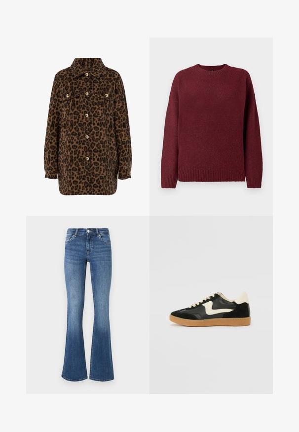 Brun og sort leopardprint skjortejakke med krave, knaplukning, to brystlommer og lange ærmer. Blød tekstur.; Bordeaux sweater med rund halsudskæring, lange ærmer, ribbet kant og manchetter, lavet af blødt, struktureret stof der er velegnet til lag-på-lag.; Blå denim flared jeans med en medium vask, der har fem lommer, en knaplukning og en let slidt tekstur ved kanten.; Sorte ruskinds- og lædersneakers med en cremefarvet side-swoosh og lys cremefarvet hæl. Har beige snørebånd og en gummirubber-sål.