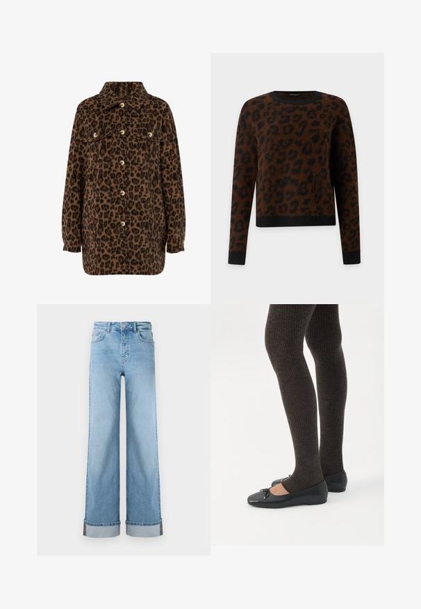 Brun og sort leopardprint skjortejakke med krave, knaplukning, to brystlommer og lange ærmer. Blød tekstur.; Brun langærmet sweater med sort leopardmønster, sorte ribtrådede manchetter og kant samt en sort ribstrikket rund hals.; Lyseblå, vide jeans i klassisk denim med høj talje, prydet med opbrettede kanter og synlig søm.; Ben iført mørke ribbede leggings kombineret med sorte balletsko med små sløjfedetaljer på hvid baggrund.