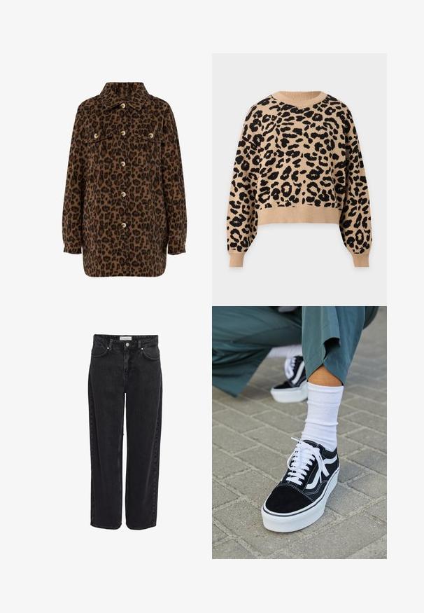 Brun og sort leopardprint skjortejakke med krave, knaplukning, to brystlommer og lange ærmer. Blød tekstur.; Beige sweater med lange ærmer og sort leopardmønster, ribbet rund hals, manchetter og kant.; Sort denim bukser med vide ben og høj talje, fem-lomme design og lynlåsgylp. Glat tekstur med minimale synlige syningsdetaljer.; Sorte ruskinds sneakers med hvide accenter og snørebånd, der har en tyk hvid sål og kontrasterende syninger, parret med en hvid sok.