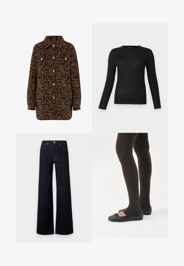 Brun og sort leopardprint skjortejakke med krave, knaplukning, to brystlommer og lange ærmer. Blød tekstur.; Sort langærmet crew neck tætsiddende sweater med glat tekstur, præsenteret på en ensfarvet lys grå baggrund.; Mørkeblå brede jeans lavet af denim, med høj talje, kontraststing og en enkelt metalknap foran.; Ben iført mørke ribbede leggings kombineret med sorte balletsko med små sløjfedetaljer på hvid baggrund.