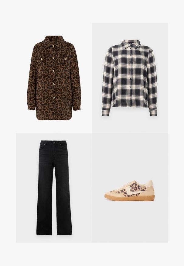 Brun og sort leopardprint skjortejakke med krave, knaplukning, to brystlommer og lange ærmer. Blød tekstur.; Langærmet ternet skjorte i navy, hvid og beige. Har standard krave, knaplukning fortil og blødt stof med ternet mønster.; Sorte denim bukser med vid ben og en klassisk fem-lomme-design, der inkluderer en knaplukning og subtil tekstur. Rene linjer og minimal pynt.; Leopardprint sneakers med beige ruskindsoverdel, tan gummisål og hvide detaljer. Rund pegefinger og snørebåndsdesign med en tekstureret finish.