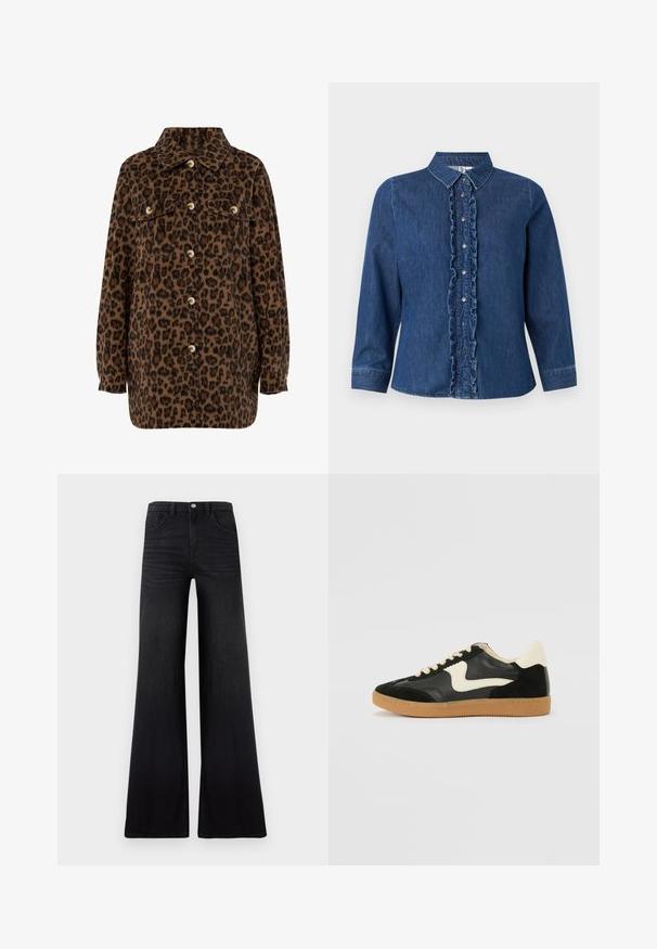 Leopardprint shirtjack in bruin en zwart, met een kraag, knoopsluiting, twee borstzakken en lange mouwen. Zachte textuur.; Denim overhemd met lange mouwen, donkerblauwe kleur, gerafelde voorkant, knoopsluiting en klassiek kraagontwerp.; Zwarte spijkerbroek met wijde pijpen, gemaakt van denim, met een hoge taille, voorzakken en een gladde, gestructureerde afwerking met minimale vervaging.; Zwarte suède en leren sneaker met een crèmekleurige zij-swoosh en lichte crèmekleurige hiel. Voorzien van beige veters en een gumrubberen zool.