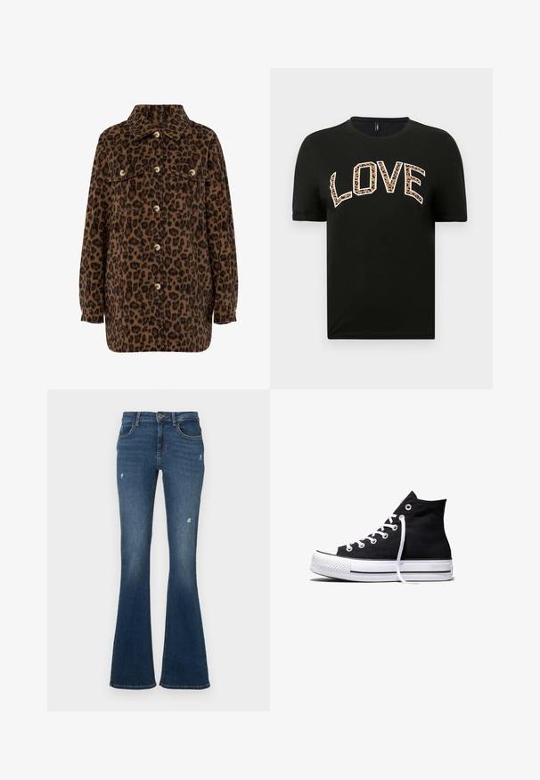 Brun og sort leopardprint skjortejakke med krave, knaplukning, to brystlommer og lange ærmer. Blød tekstur.; Sort kortærmet t-shirt med rund halsudskæring, der har ordet "LOVE" skrevet med hvide og leopardmønstrede bogstaver.; Flared jeans i mørkeblå denim med slidte områder. Har fem lommer og lynlås foran. Mellemvægtigt stof med en glat tekstur.; Sort high-top canvas sneaker med hvid gummisål og hvide snørebånd, vist fra siden mod en hvid baggrund.