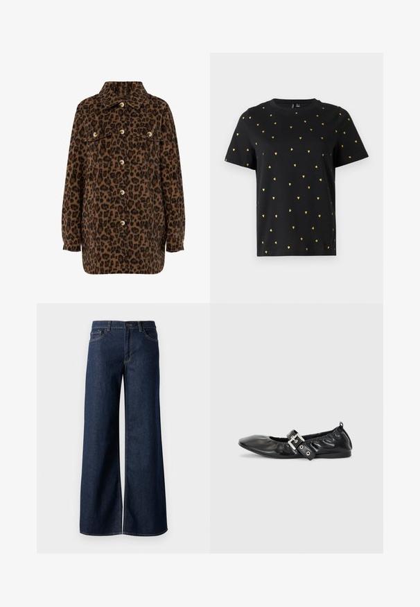 Brun og sort leopardprint skjortejakke med krave, knaplukning, to brystlommer og lange ærmer. Blød tekstur.; Sort T-shirt med korte ærmer lavet af bomuld, prydet med små guld hjerter, der er jævnt fordelt over stoffet. Rund halsudskæring.; Bredde ben jeans i mørkeblå denim. Har kontrastsyninger, fem lommer og en knaplukning i taljen. Glat tekstur.; Sorte læder flade sko med spids tå, samling detaljer omkring åbningen, og en sølv spænde accent på den justerbare rem.