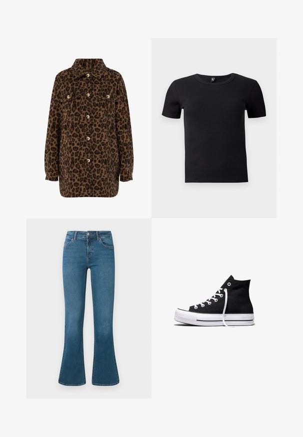Leopardenmuster-Hemdjacke in Braun und Schwarz, mit Kragen, Knopfverschluss, zwei Brusttaschen und langen Ärmeln. Weiche Textur.; Schwarzes T-Shirt mit kurzen Ärmeln aus geripptem Stoff. Verfügt über einen klassischen Rundhalsausschnitt und eine taillierte Silhouette. Keine zusätzlichen Akzente.; Blaue Jeans im Schlagstil aus Denim mit einer mittelhohen Taille, Fünf-Taschen-Design und subtilen Stickdetails. Glatte Textur mit klassischer Waschung.; Schwarzer High-Top-Canvas-Sneaker mit weißer Gummisohle und weißen Schnürsenkeln, seitlich dargestellt vor weißem Hintergrund.