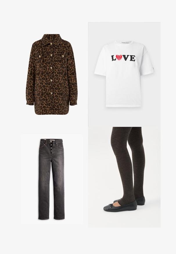 Brun og sort leopardprint skjortejakke med krave, knaplukning, to brystlommer og lange ærmer. Blød tekstur.; Hvidt bomulds-t-shirt med ordet "LOVE" i sort, hvor "O" er erstattet af et rødt hjerte. Kortærmet og med en afslappet pasform.; Sorte højtaljede jeans med lige ben-design, lavet af denim. Features en knaplukning, kobberdetaljer og kontrastsyninger.; Ben iført mørke ribbede leggings kombineret med sorte balletsko med små sløjfedetaljer på hvid baggrund.