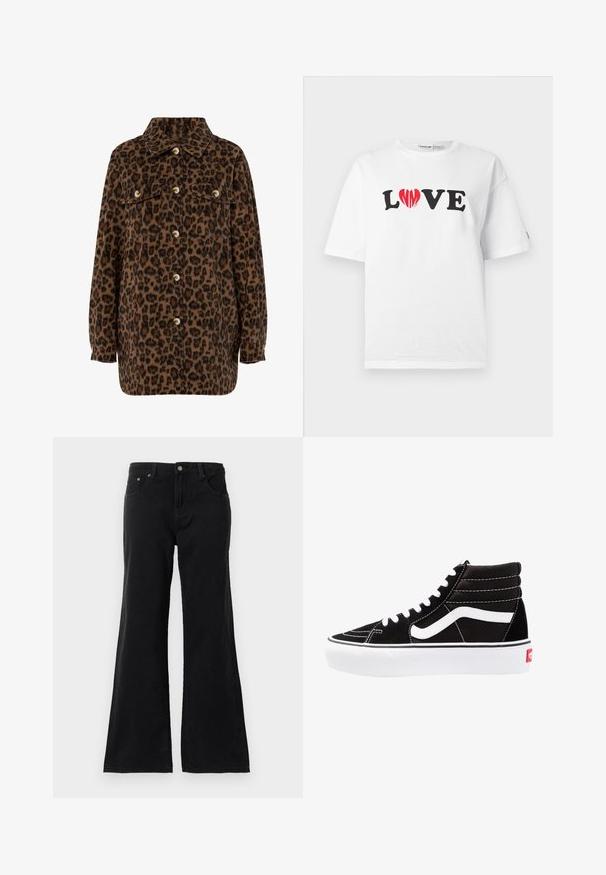 Brun og sort leopardprint skjortejakke med krave, knaplukning, to brystlommer og lange ærmer. Blød tekstur.; Hvidt bomulds-t-shirt med ordet "LOVE" i sort, hvor "O" er erstattet af et rødt hjerte. Kortærmet og med en afslappet pasform.; Sorte højtaljede denimjeans med fem lommer og bredde ben, vist på en hvid baggrund.; Sorte høj-top sneakers med hvide snørebånd, et hvidt logo og kontrasterende hvid syning. Har en tyk hvid sål og struktureret ruskindsoverdel.