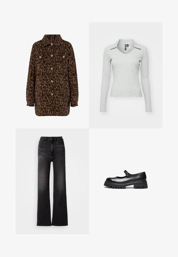 Brun og sort leopardprint skjortejakke med krave, knaplukning, to brystlommer og lange ærmer. Blød tekstur.; Lys grå langærmet V-hals bluse med krave, lavet af blødt, struktureret stof, der har en tætsiddende pasform og minimal detaljer.; Sorte viddejeans lavet af denim, med fem lommer, en frontlukning med knap og en falmet finish for kontrast.; Sorte læder Mary Jane-style sko med rund tå, ankelrem og chunky gummisål med ribbet detaljering.