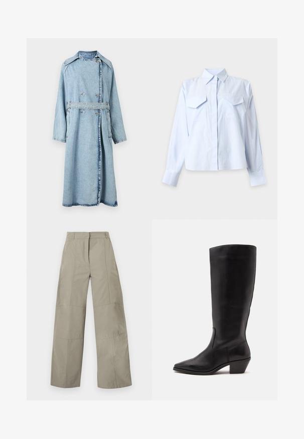 Trench-coat en denim bleu clair avec un devant à double boutonnage, des poches latérales, un large col et une ceinture à la taille ; il présente une coupe décontractée et des manches longues.; Chemise bleu clair à manches longues avec boutons, fines rayures verticales et deux poches poitrine à rabat sur fond blanc.; Pantalon beige à jambes larges avec taille haute, passants pour ceinture, détails de coutures frontales et fermeture avant cachée.; Botte en cuir noire mi-mollet avec un bout pointu et un talon bas incliné sur un fond clair uni.