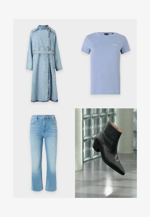 Trench-coat en denim bleu clair avec un devant à double boutonnage, des poches latérales, un large col et une ceinture à la taille ; il présente une coupe décontractée et des manches longues.; T-shirt en coton bleu clair à manches courtes, col rond, avec le logo BOSS brodé en blanc sur le côté gauche de la poitrine. Texture douce, coupe décontractée.; Jean en denim bleu clair avec une taille haute, bouton et fermeture éclair à l'avant, cinq poches, et une coupe de jambe légèrement évasée.; Bottine en cuir noir avec un bout pointu et un talon carré lévitant au-dessus d'un sol gris réfléchissant près d'un mur en blocs de verre.