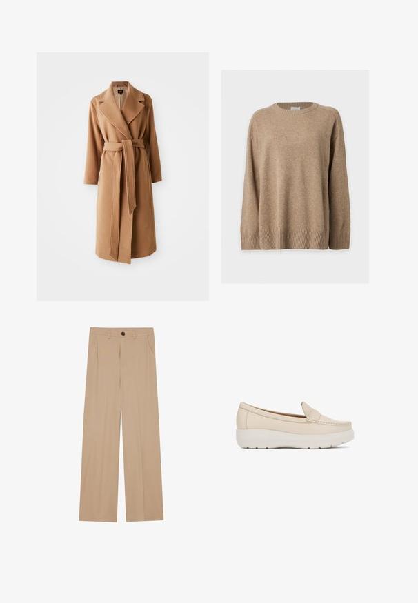 Manteau en laine camel long avec larges revers et ceinture en tissu assorti nouée à la taille, poches latérales et manches longues.; Pull en maille beige à manches longues avec poignets, bas et col rond côtelés, présenté à plat sur fond blanc.; Pantalons larges beiges avec une texture lisse, dotés de deux poches latérales, d'une fermeture à bouton à l'avant et de plis subtils pour plus de détails.; Mocassin beige en cuir à enfiler avec une semelle blanche épaisse et des détails cousus sur le dessus, présenté de profil.