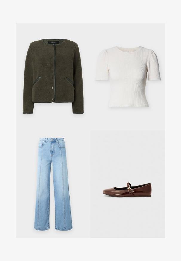 Veste en polaire de couleur vert olive foncé avec une surface texturée, un col rond, des boutons pression et des patches noirs sur les poches.; Haut court crème côtelé à manches courtes avec un col rond, des manches légèrement bouffantes et un ourlet festonné. Le matériau semble texturé et léger.; Jean large taille haute bleu clair avec coutures devant, fermeture à boutons et design cinq poches sur un fond uni.; Ballerine en cuir verni marron avec un bout carré et une lanière ornée d'une petite boucle dorée. Texture lisse, talon bas et design minimaliste.