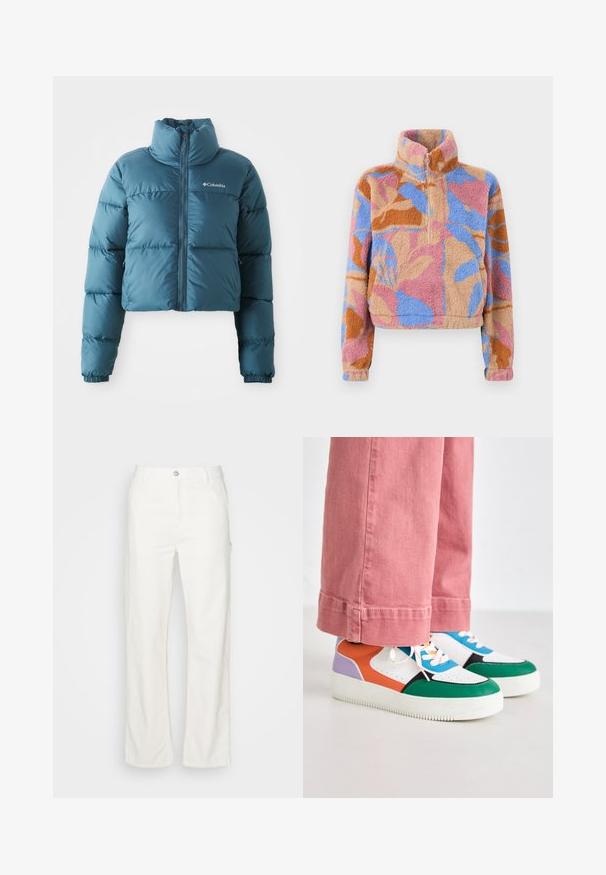 Lyhyempi sininen puhvijatka, joka on valmistettu vedenkestävästä kankaasta. Ominaisuuksiin kuuluu korkea kaulus, etuvetoketju ja vaakasuorat ompeleet eristämiseksi.; Puolivetoketjullinen fleece-takki, jossa abstrakti kukkakuosi vaaleanpunaisessa, sinisessä, beigen ja oranssin sävyissä pehmeällä, teksturoidulla kankaalla.; Valkoiset puuvillaiset suorat housut, joissa on etunapitus, vyölenkit ja sivutaskut. Tasainen pinta ilman näkyviä kuvioita.; Moniväriset lenkkarit, joissa on vihreitä, oransseja, violetinvärisiä ja sinisiä yksityiskohtia, valkoisella pohjalla, teksturoitujen paneelien ja paksun valkoisen pohjan kanssa.