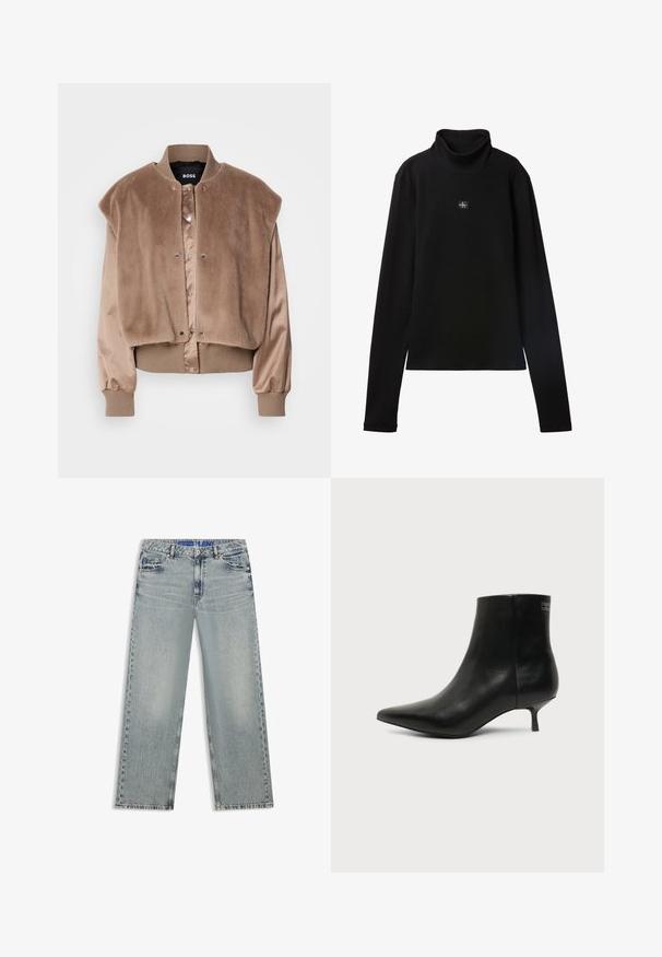 Καφέ μπόμπερ jacket με επάνω μέρος που έχει πλούσια υφή σαν γούνα και σατινένια μανίκια. Διαθέτει κλείσιμο με κουμπιά και ριμπ μανσέτες και στρίφωμα.; Μαύρο ριμπ (ribbed) τοπ με μακριά μανίκια και μικρό τετράγωνο πατς με το λογότυπο Calvin Klein στο κέντρο του στήθους.; Φαρδιά τζιν παντελόνια από τζιν ύφασμα σε ανοιχτό μπλε, με ξεθωριασμένες περιοχές, πέντε τσέπες και μπλε ζώνη με λογότυπο.; Μαύρο δερμάτινο μποτάκι γύρω από τον αστράγαλο με μυτερή μύτη και χαμηλό τακούνι σε ανοιχτό φόντο, εμφανίζει την εξωτερική πλευρά.
