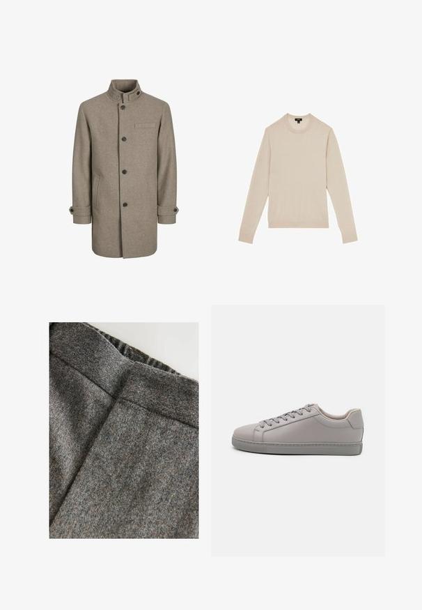 Brun uldfrakke med høj krave, knaplukning, to sidelommer og en brystlomme. Har sorte knapper og rullede manchetter.; Lyse beige langærmet sweater med rund halsudskæring. Fremstillet i blødt stof og med ribbet manchetter og kant. Minimalistisk design uden mønstre.; Grå uldblandingsbukser med en glat tekstur, der har en bred talje og en ren, klassisk pasform. Subtile farveprikker er til stede.; Grå lædersneaker med en glat finish, flade snørebånd, rund tå og en kontrasterende grå gummisål. Minimalistisk design og tekstur.