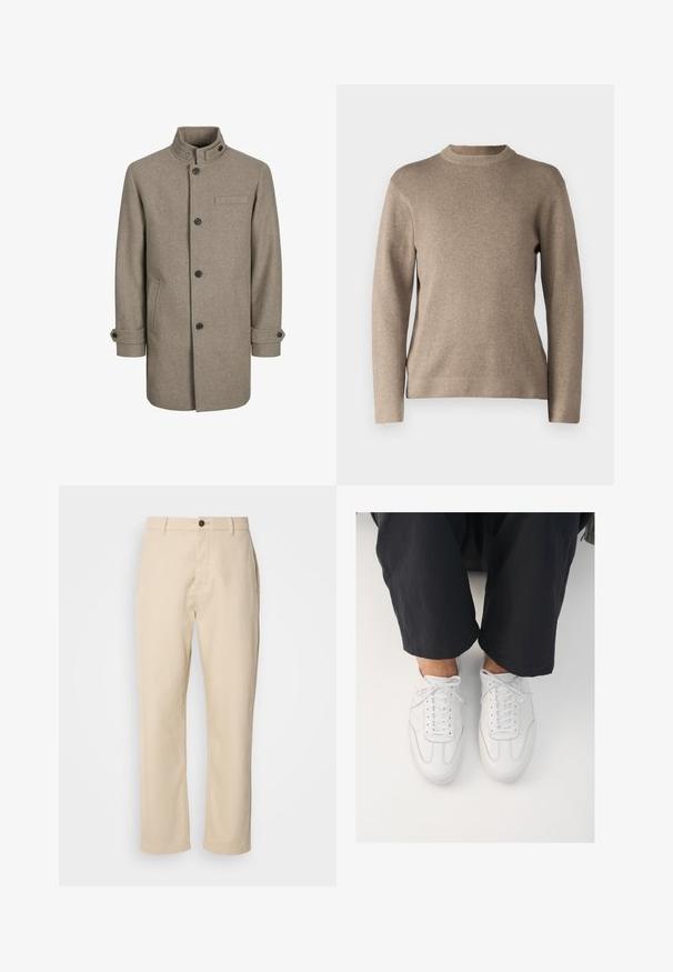 Bruine wollen jas met een hoge kraag, knoopsluiting, twee zijzakken en een borstzak. Voorzien van zwarte knopen en omgeslagen mouwen.; Beige trui met een ronde hals, lange mouwen, geribde manchetten en een zachte, textuurachtige stof. Heeft een eenvoudig ontwerp en een relaxte pasvorm.; Beige katoenen broek met rechte benen, een sluiting met een voorste knoop, zijzakken en een soepele textuur. Minimalistisch ontwerp, zonder zichtbare patronen.; Witte leren sneakers met een gladde textuur, ronde neus en klassiek vetersysteem, gepositioneerd boven donkere, losse broeken.
