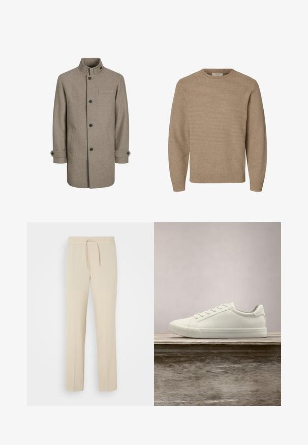 Brun uldfrakke med høj krave, knaplukning, to sidelommer og en brystlomme. Har sorte knapper og rullede manchetter.; Beige langærmet strikket sweater med rund halsudskæring og ribstrikkede manchetter og kant, vist på en hvid baggrund.; Beige, elastisk taljebukser med snoretræk. Har lige ben og en glat tekstur, velegnet til afslappet brug eller afslapning.; Hvide snørresneakers svævende over en træbænk med grønne planter i baggrunden, der fremhæver skodesign og tekstur.