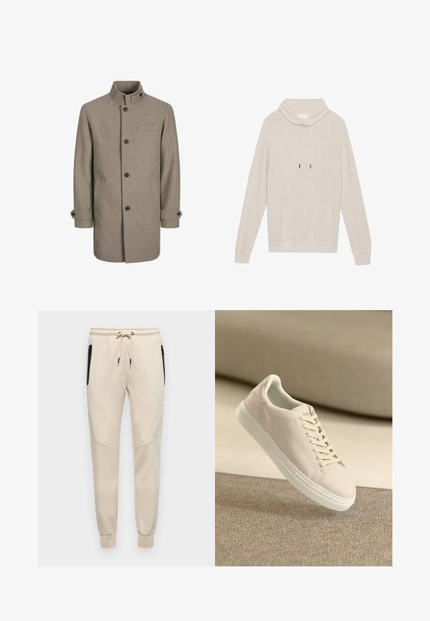 Brun uldfrakke med høj krave, knaplukning, to sidelommer og en brystlomme. Har sorte knapper og rullede manchetter.; Beige strikpullover med cowl-neck, snoretræk, lange ærmer samt ribbede manchetter og kant, fremstillet i et struktureret stof.; Lys beige sweatpants med snøre i taljen, sidelukker og tætsiddende manchetter med teksturerede detaljer på sidepanelerne.; Beige ruskinds sneakers med hvid sål og snørebånd, vist svævende over tekstureret beige tæppe mod en blød beige baggrund.