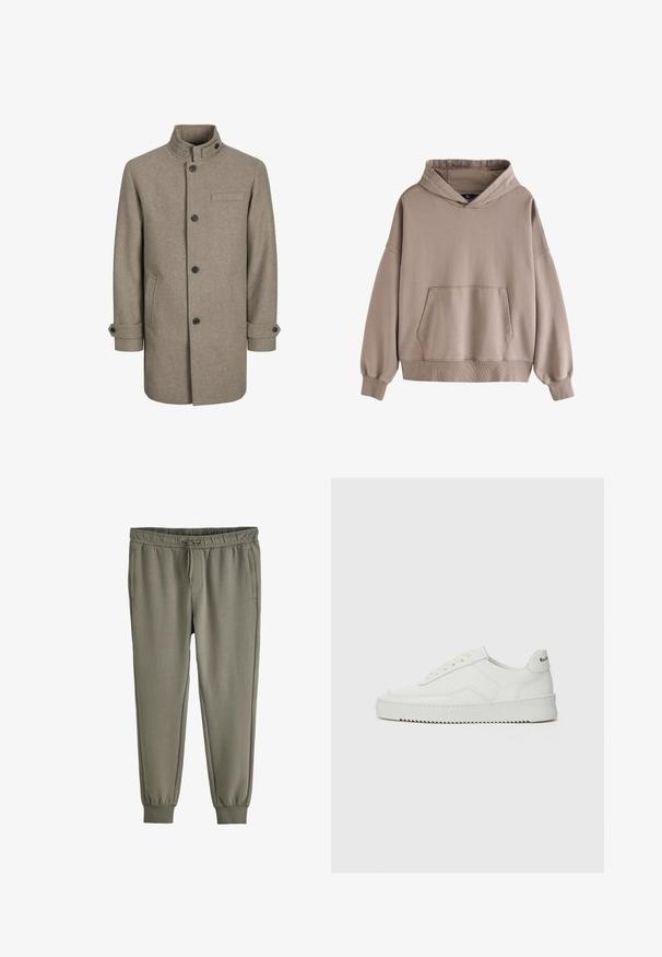 Brun uldfrakke med høj krave, knaplukning, to sidelommer og en brystlomme. Har sorte knapper og rullede manchetter.; Beige oversized hættetrøje med front kangurulomme, ribkant ved manchetter og kant, lavet af blødt bomuldsstof.; Olivengrønne joggebukser med elastisk talje, snøre, sidelommer og manchetter ved anklerne, vist på hvid baggrund.; Hvide lædersneakers med en glat overflade, rund tå, flade snørebånd og en tekstureret sål. Har et diskret logo på hælen.