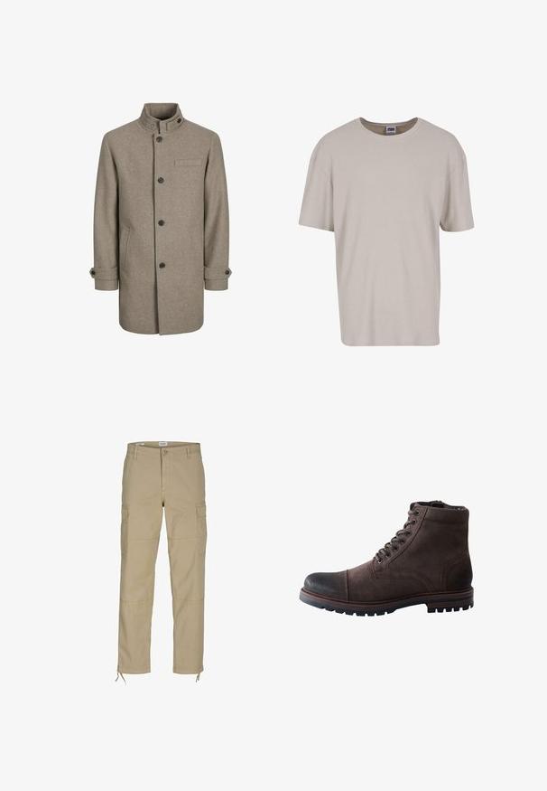 Brun uldfrakke med høj krave, knaplukning, to sidelommer og en brystlomme. Har sorte knapper og rullede manchetter.; Lys beige kortermet t-shirt lavet af tekstureret stof, med rund halsudskæring og en løs pasform. Ingen synlige mønstre eller hardware.; Beige cargo bukser lavet af bomuld, med sidelommer, lige pasform og snoredrager i bunden. Glat tekstur, afslappet design.; Mørkebrun ruskindsnæglestøvle med forstærket sort snude og robust gummisål.