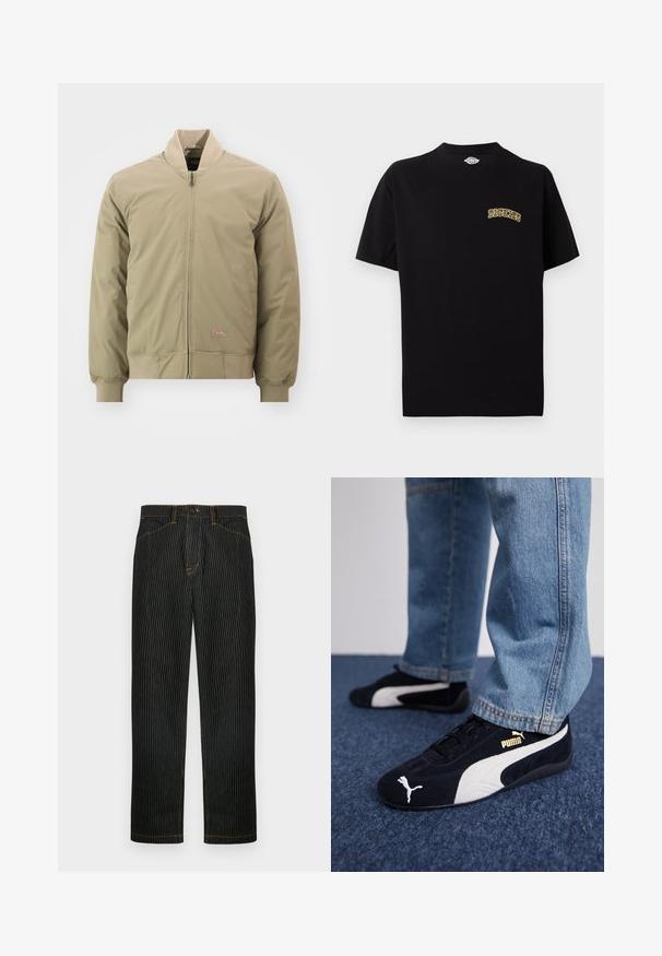 Veste bomber de couleur beige clair avec fermeture éclair à l'avant, poignets côtelés et col doux. Fabriquée en tissu lisse avec un petit écusson logo sur la poitrine.; T-shirt noir à manches courtes et col rond avec petit logo jaune "Dickies" sur la poitrine gauche.; Pantalon rayé noir en denim, avec des coutures orange et une coupe droite. Comprend une fermeture par bouton à l'avant et des passants pour ceinture.; Baskets en daim noir avec accents blancs, arborant un logo doré. Portées avec un jean en denim bleu clair et posées sur une surface bleue texturée.