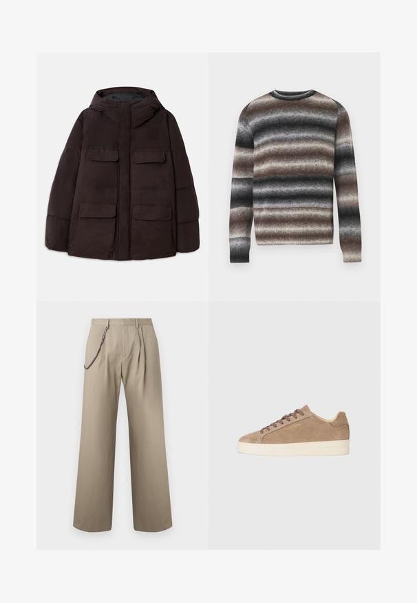 Dondup PUFFIER JACKET - Veste d'hiver - burgundy; Pull en tricot avec des rayures horizontales dans des tons de marron, gris et noir. Col rond, manches longues, poignets et ourlet côtelés.; Pantalon beige à jambes larges avec plis à l'avant et une chaîne métallique attachée au passant de ceinture gauche pour le style.; Baskets en daim beige avec une toe ronde, semelle en caoutchouc crème et lacets marron. Présente un logo de marque en relief sur le côté et un matériau texturé.