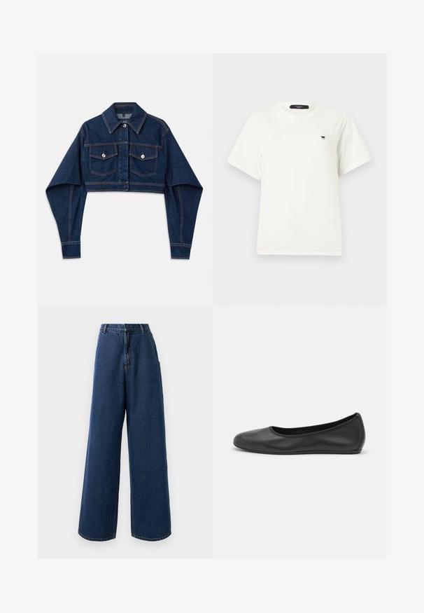 Donkerblauwe cropped denimjas met lange mouwen, twee borstzakken en zilveren knopen. Heeft contrasterende oranje stikseldetails.; Witte T-shirt met korte mouwen en ronde hals, voorzien van een klein zwart vlinderlogo op de linkerborst en een zwart label aan de binnenkant van de kraag.; Hoge taille wijde jeans in donkerblauwe denim met een sluiting aan de voorkant met knoop en rits, riemlussen en zijzakken.; Zwarte leren ballerina met een ronde neus, gladde textuur, minimale stikdetails en een flexibele zoolontwerp.