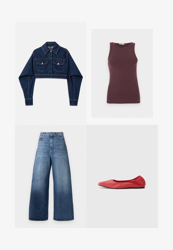 Donkerblauwe cropped denimjas met lange mouwen, twee borstzakken en zilveren knopen. Heeft contrasterende oranje stikseldetails.; Mouwloze donkerpaarse aansluitende tanktop met ronde halslijn en subtiel logo bij de zoom, weergegeven op een effen lichte achtergrond.; Blauwe denim jeans met wijde pijpen, hoge taille, knopen aan de voorkant met rits en standaard ontwerp met vijf zakken.; Filippa K REY FLATS - Ballerina's - bright red