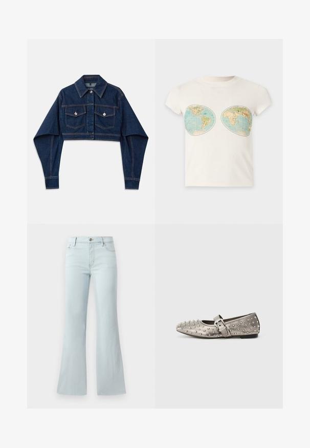Veste en denim cropped bleu foncé avec des manches longues, deux poches poitrine et des boutons argentés. Présente des détails de surpiqûres orange contrastantes.; T-shirt blanc à manches courtes avec deux impressions de cartes du monde de style vintage placées sur la poitrine.; Jean flare bleu clair en denim. Il présente un design classique à cinq poches et une fermeture à bouton à l'avant. Texture lisse sur toute la surface.; Chaussure plate grise à bout rond, ornée de clous métalliques, avec une sangle latérale présentant un détail de boucle en argent. Texture lisse.